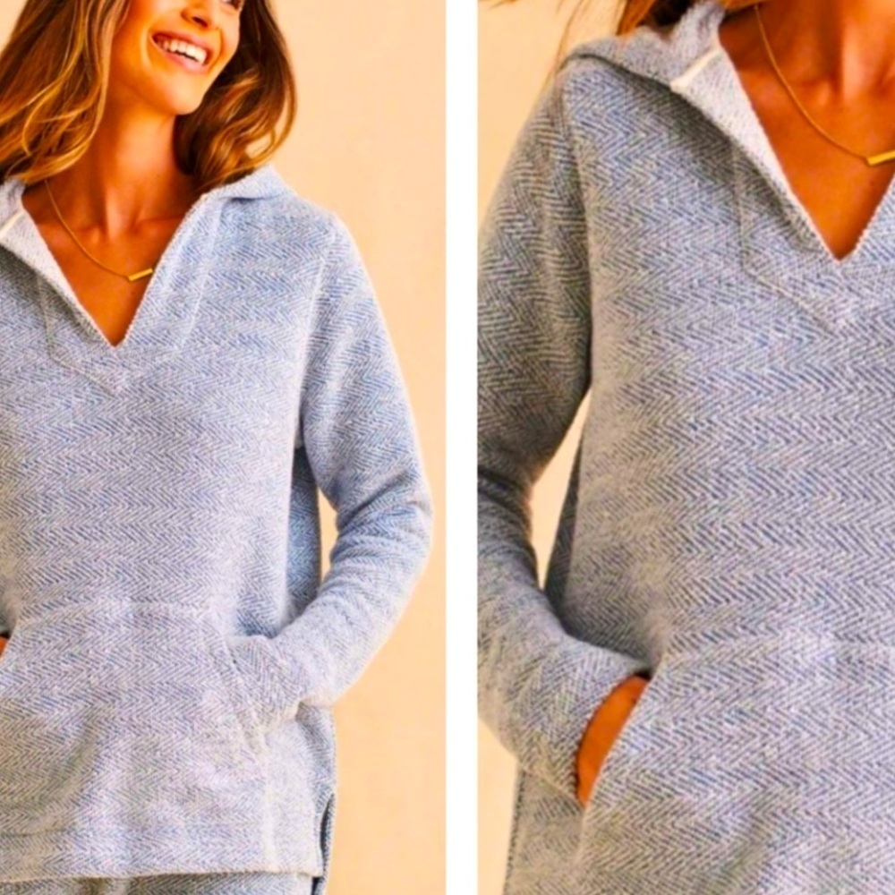 Faherty Seabrook French Terry Whitewater Hoodie Herringbone Knit Blue/White SZ S